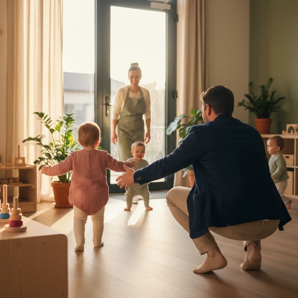 Échange entre une professionnelle et un parent à la fin de la journée