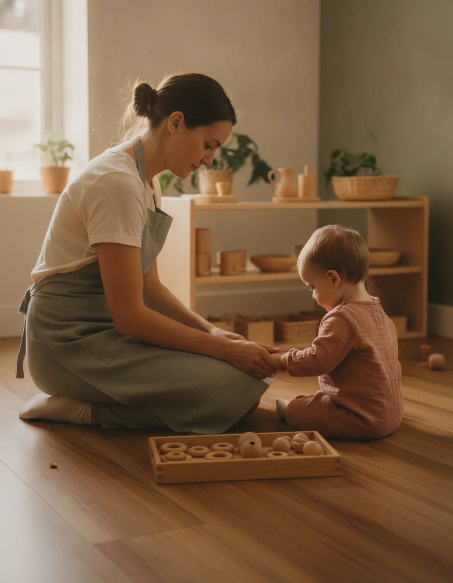 Professionnelle agenouillée à hauteur d'enfant, main qui guide, accompagnement bienveillant autour du matériel Montessori
