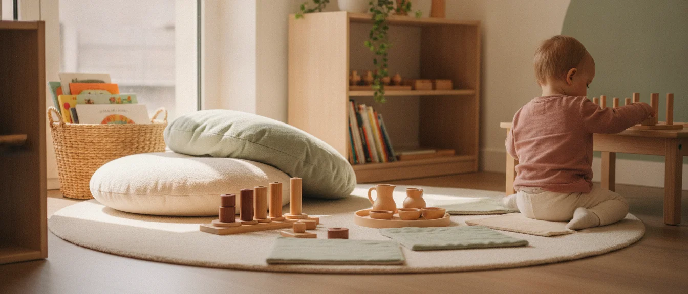 Coin lecture cocooning avec coussins, tapis et panier de livres dans une micro-crèche d'inspiration Montessori