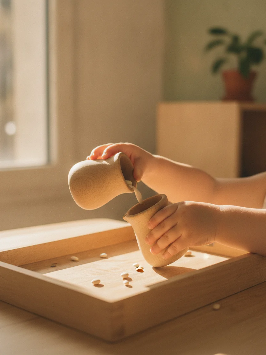 Mains d'un enfant réalisant un exercice de transvasement Montessori entre deux pichets en bois