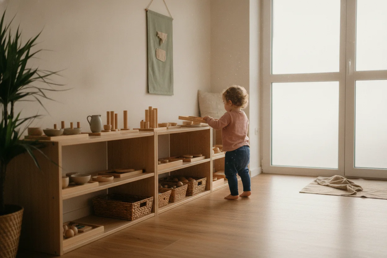 Tout-petit qui attrape un plateau sensoriel sur une étagère basse en bois dans une micro-crèche d'inspiration Montessori