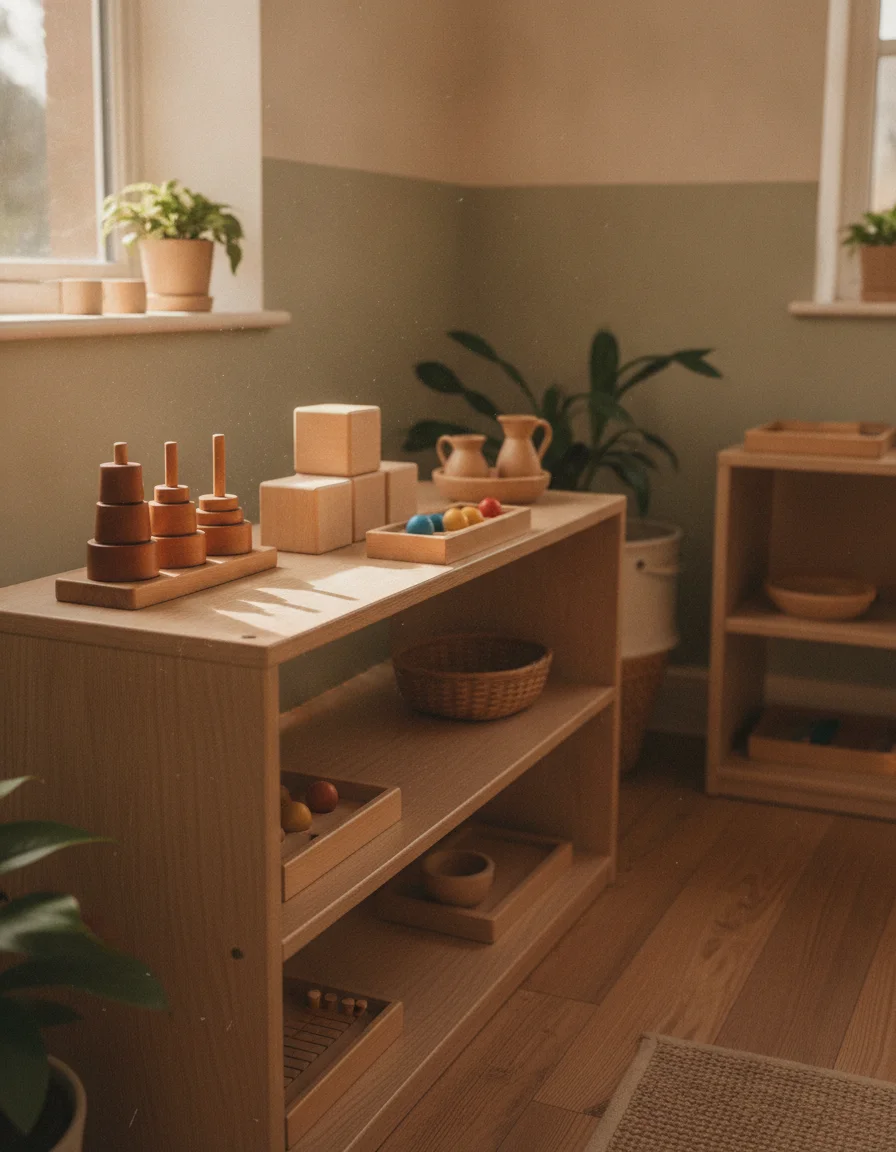 Étagère basse en bois avec matériel sensoriel Montessori rangé dans un environnement préparé de micro-crèche