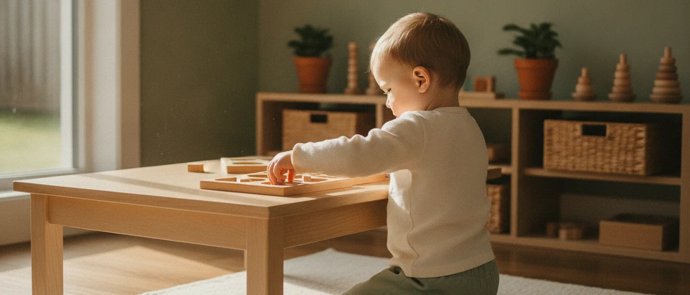 Enfant concentré sur une activité de manipulation à une petite table en bois, lumière naturelle en micro-crèche Montessori